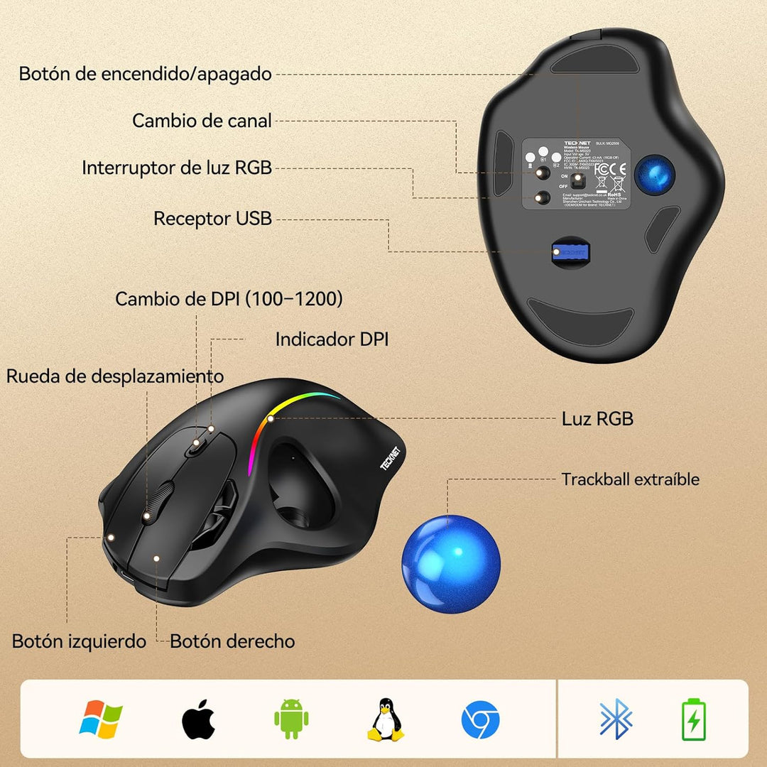 TECKNET Kabellose Trackball-Maus, Ergonomische Maus mit Bluetooth und verschlüsseltem Dongle, 6 Tast