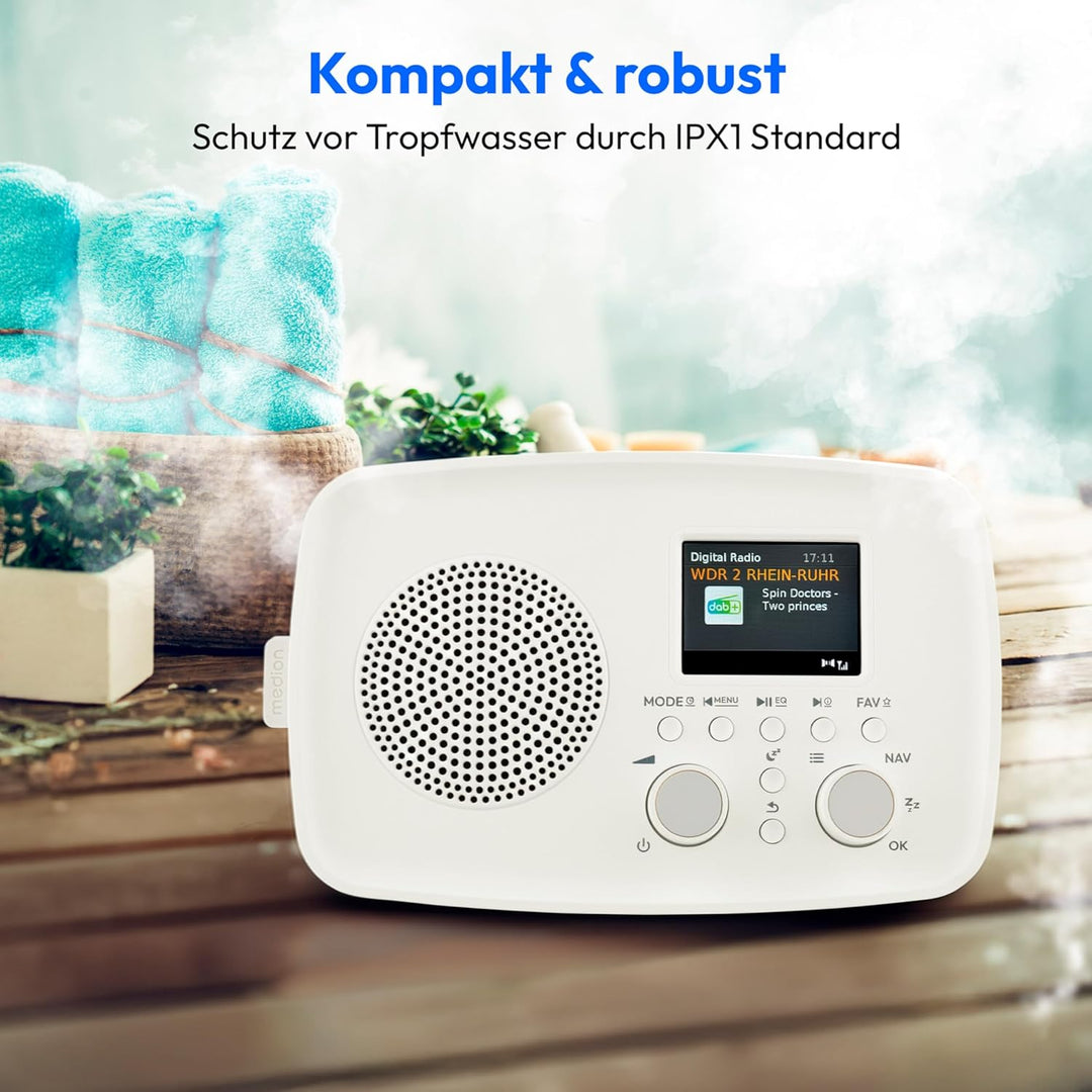 MEDION DAB+ Radio mit Bluetooth DRE-1 (DAB Plus, UKW Radio, Tropfwasserschutz, Teleskopantenne, Weck
