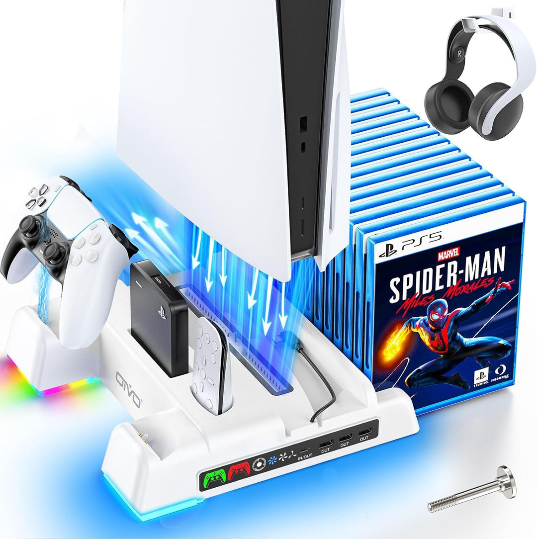 PS5 Standfuss mit 3 Stufen Lüfter und PS5 Controller Ladestation für PS5/PS5 Slim Konsole, PS5 Ständ