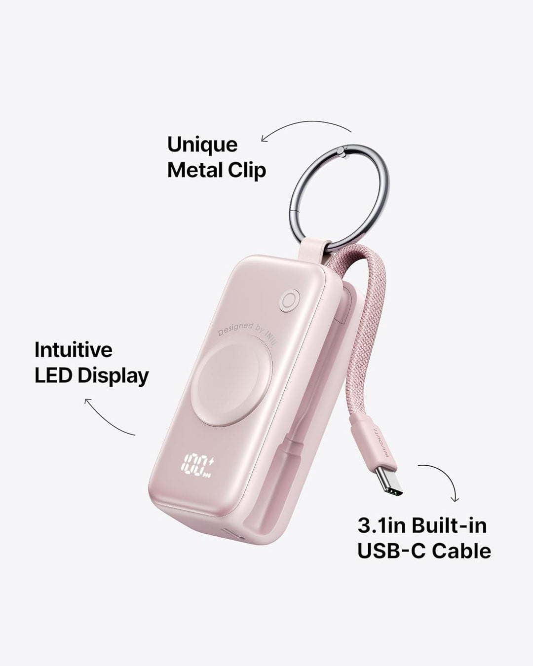 INIU Power Bank für Apple Watch, 5000mAh Powerbank mit eingebautem Kabel, Schlankes Reise Schlüssela