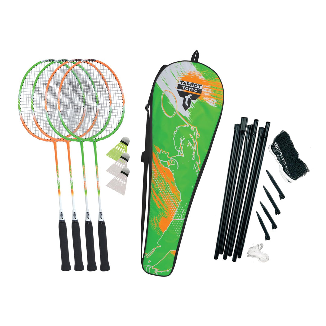 Talbot-Torro Badminton-Set 4-Attacker Plus, Kolmplettset mit 4 Schläger, 3 Federbälle, komplette Net