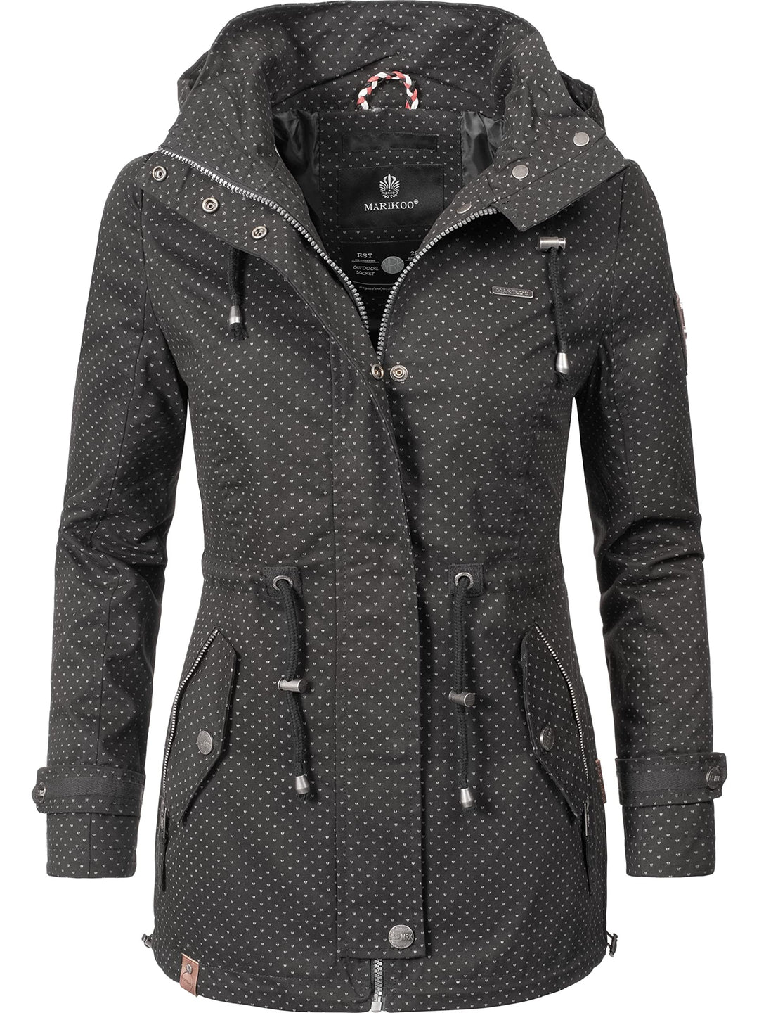 MARIKOO Damen leichte Übergangsjacke Baumwoll-Parka mit Kapuze Nyokoo XS-XXL S Schwarz Dots, S Schwa