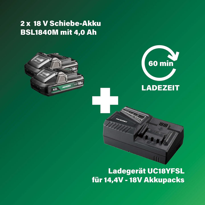 HIKOKI Akku Schlagbohrschrauber DV18DEW2Z, 13mm Metall-Schnellspannbohrfutter (18V 2x 4,0 Ah Li-ion