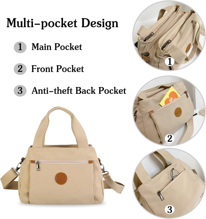 PORRASSO Damen Umhängetasche Casual Handtasche Multi Tasche Nylon Schultertasche Reisen Schule Arbei