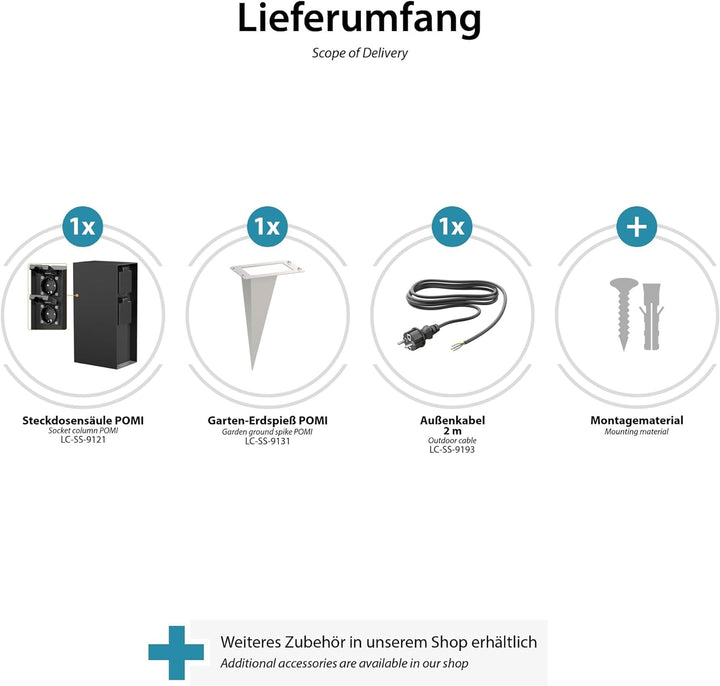 ledscom.de Garten-Steckdosen-Säule POMI mit Erdspiess und 2m Kabel für aussen, IP44, 4-Fach, schwarz