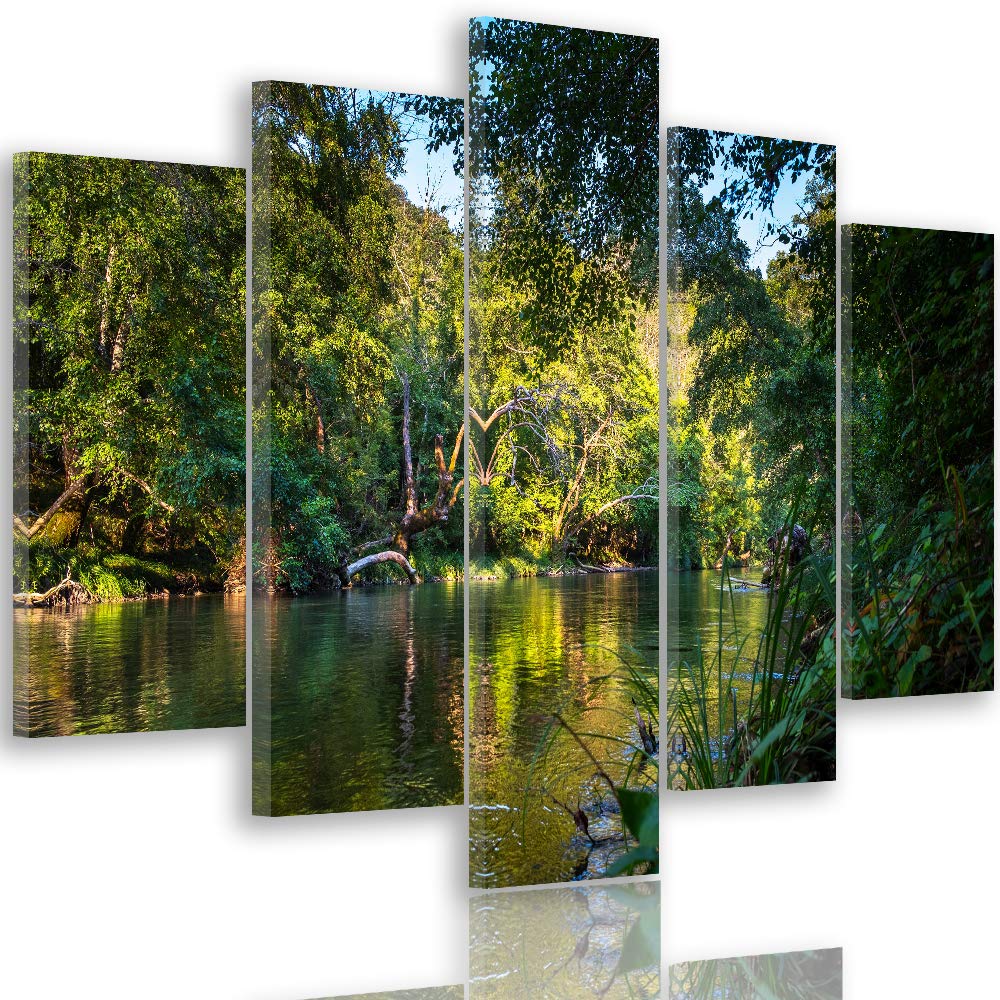 Feeby Bild auf Leinwand Landschaft 5 Teilig Modern Wald Bäume Wasser grün 150x100 cm Leinwandbild 15