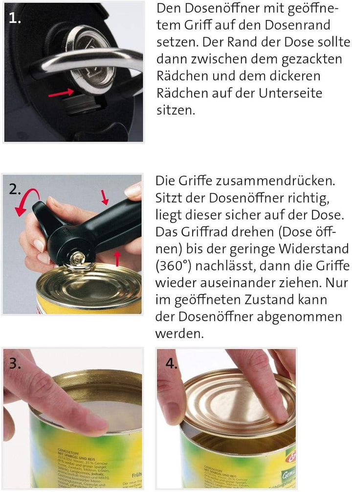 Westmark Sicherheitsdosenöffner, mit Führungs-Bügel, Länge: 18,5 cm, Rostfreier Edelstahl/Kunststoff
