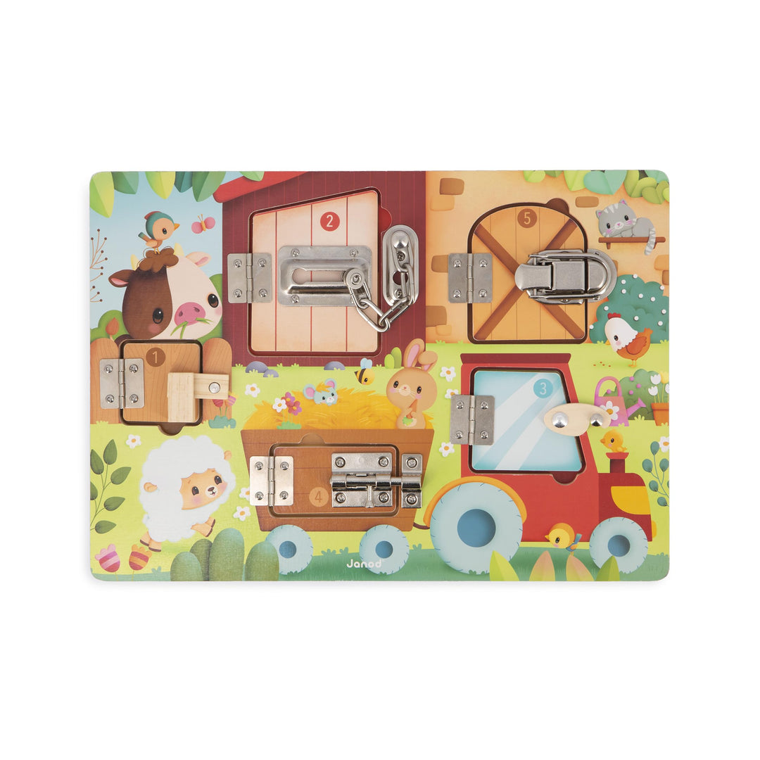 Janod – Bauernhof-Tafel mit Vorhängeschloss – Busy Board-Aktivitätsbrett – 5 Arten von Öffnungen – F
