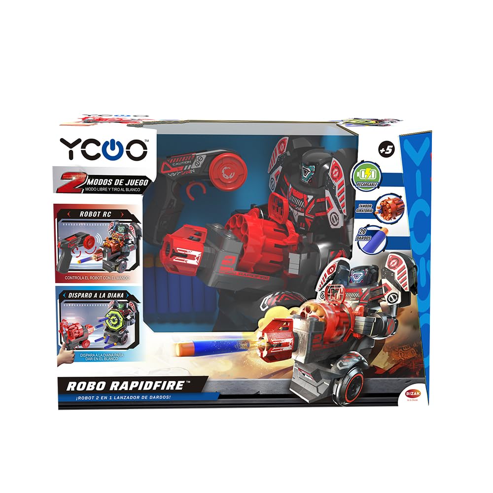 YCOO Robo Rapidfire, Roboter mit LED-Lichtern im Gesicht und Soundeffekten, 2 Spielformen, zielgeric