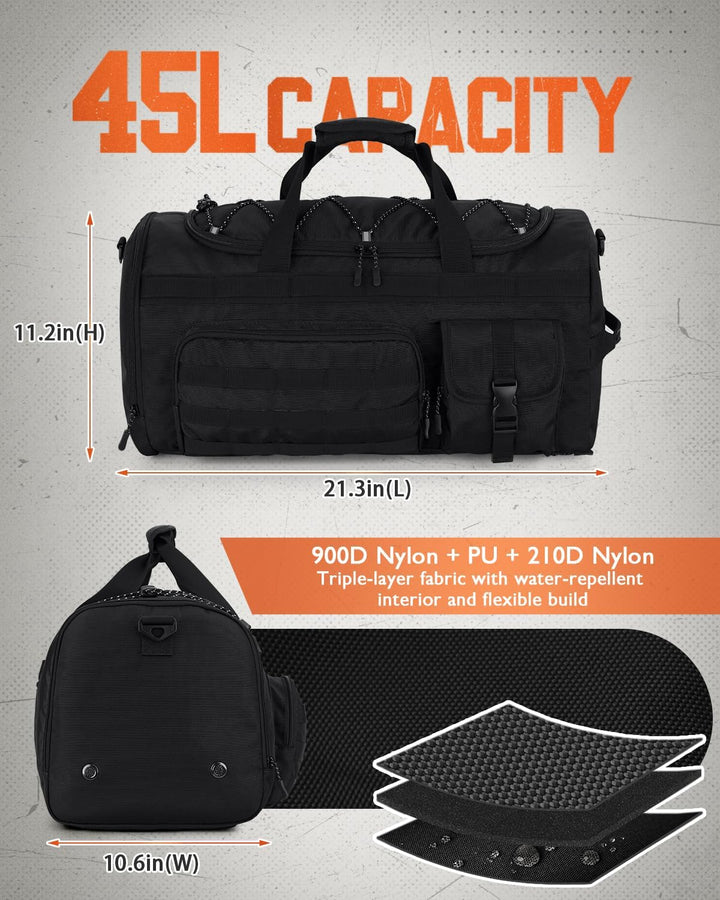 Gonex 45L Sporttasche & Reisetasche Herren, 3-in-1 Tragbar Taktische Trainingstasche mit Schuhfach –