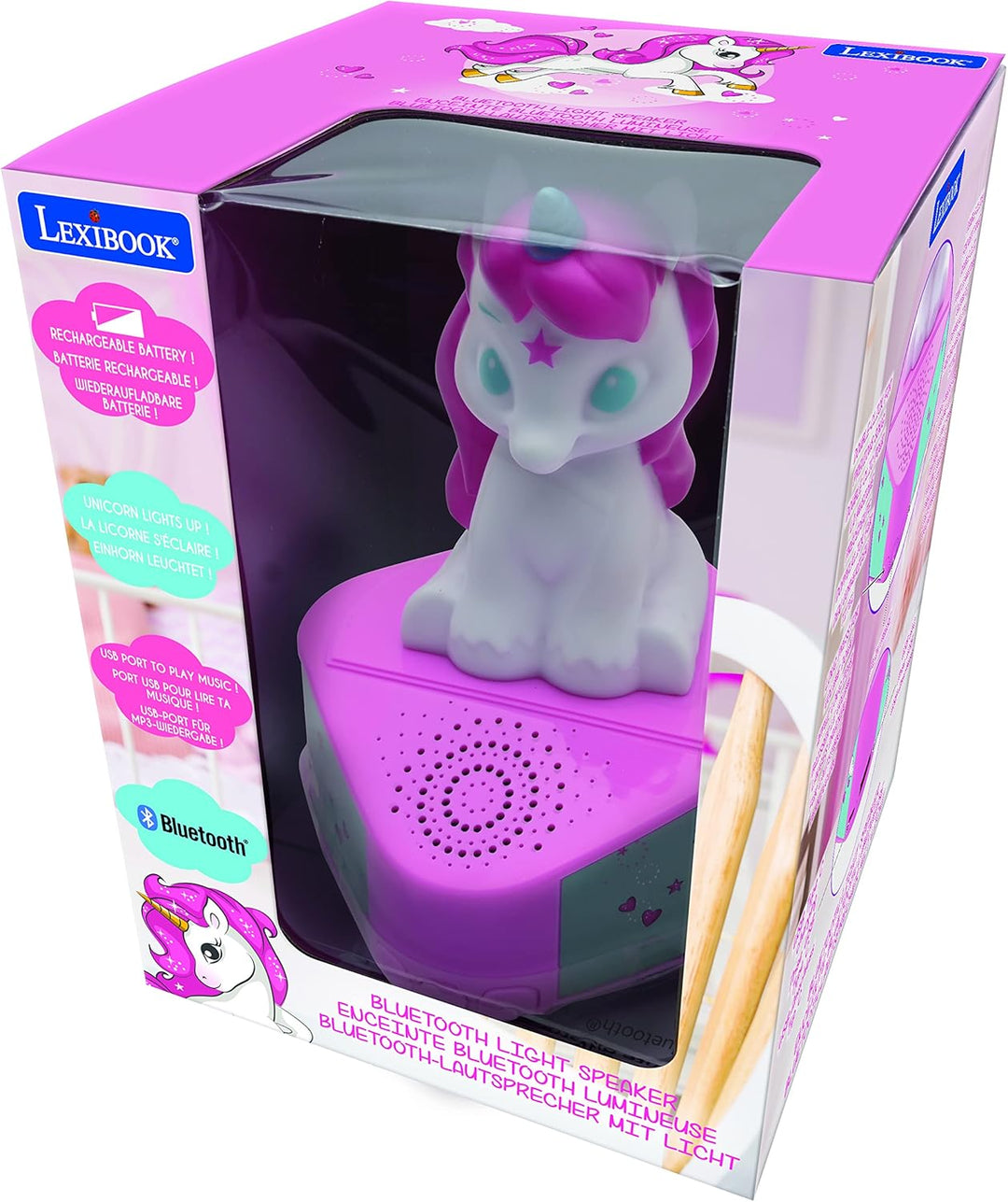 Lexibook Einhorn-Lautsprecher, Leuchtfigur, Bluetooth 5,0, USB-Anschluss/USB Typ C, BTD80UNI, Einhor