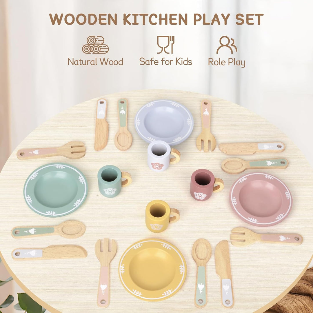 Kinderküche Geschirr Teeservice Kinder Holz, 29 Pcs Montessori Küchenzubehör mit Tassen Teller, Spie