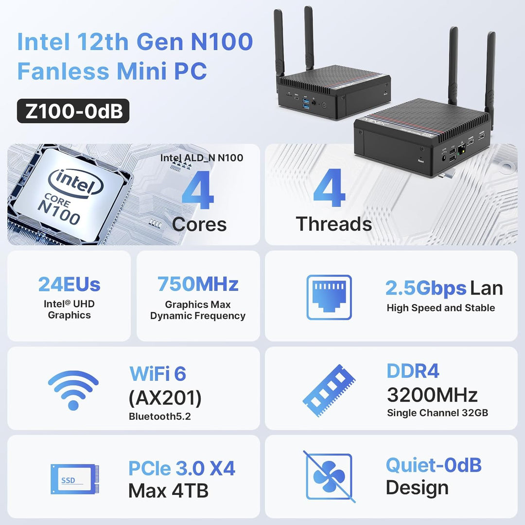 MINIX Z100-0dB lüfterloser Mini-PC, Intel N100 12th Gen 16GB DDR4, 512GB M.2 PCIe 3.0 x 4 SSD Win 11