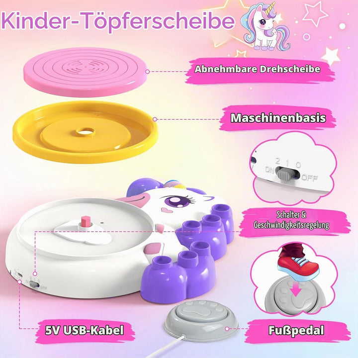 Töpferscheibe für Kinder, Einhorn Spielzeug für Mädchen 6-12 Jahre, Komplettes Töpfer-Malset mit 4 l