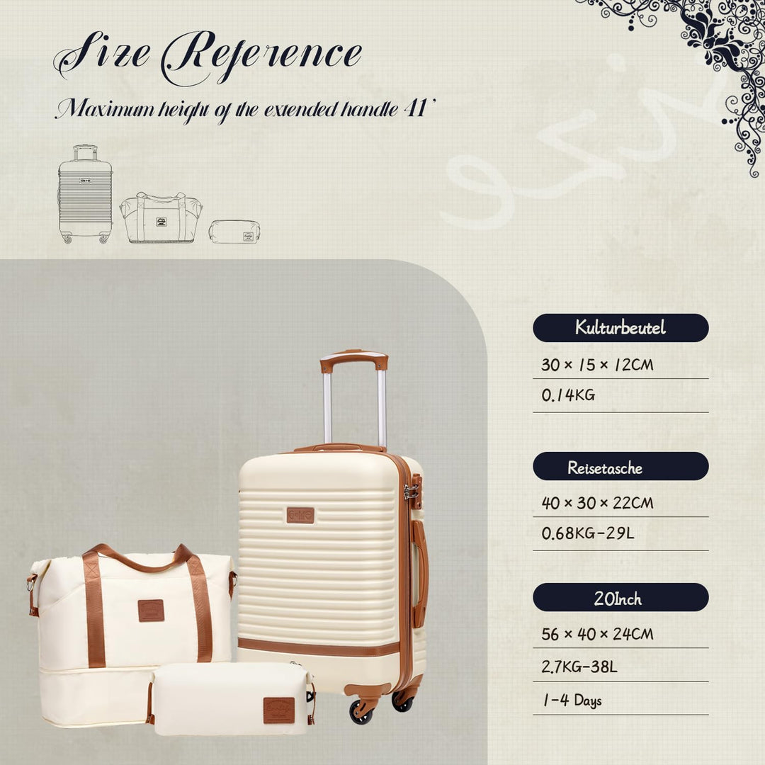 COOLIFE Koffer Set 3-TLG: Handgepäck + Reisetasche | ABS Hartschale Leicht, 360° Räder &amp; TSA-Schlöss