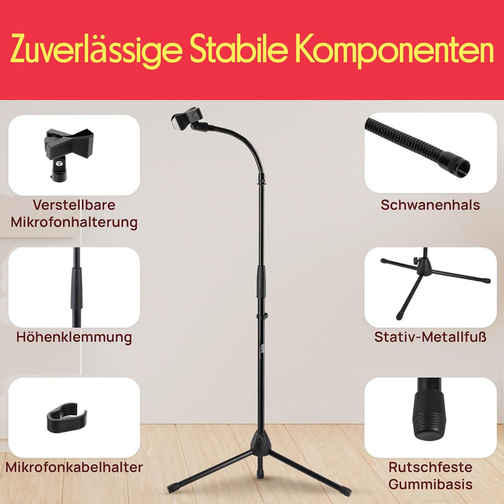 Pyle Mikrofonständer mit Schwanenhals – Mikrofonstativ höhenverstellbar 132–200cm, faltbar, 5/8" Gew