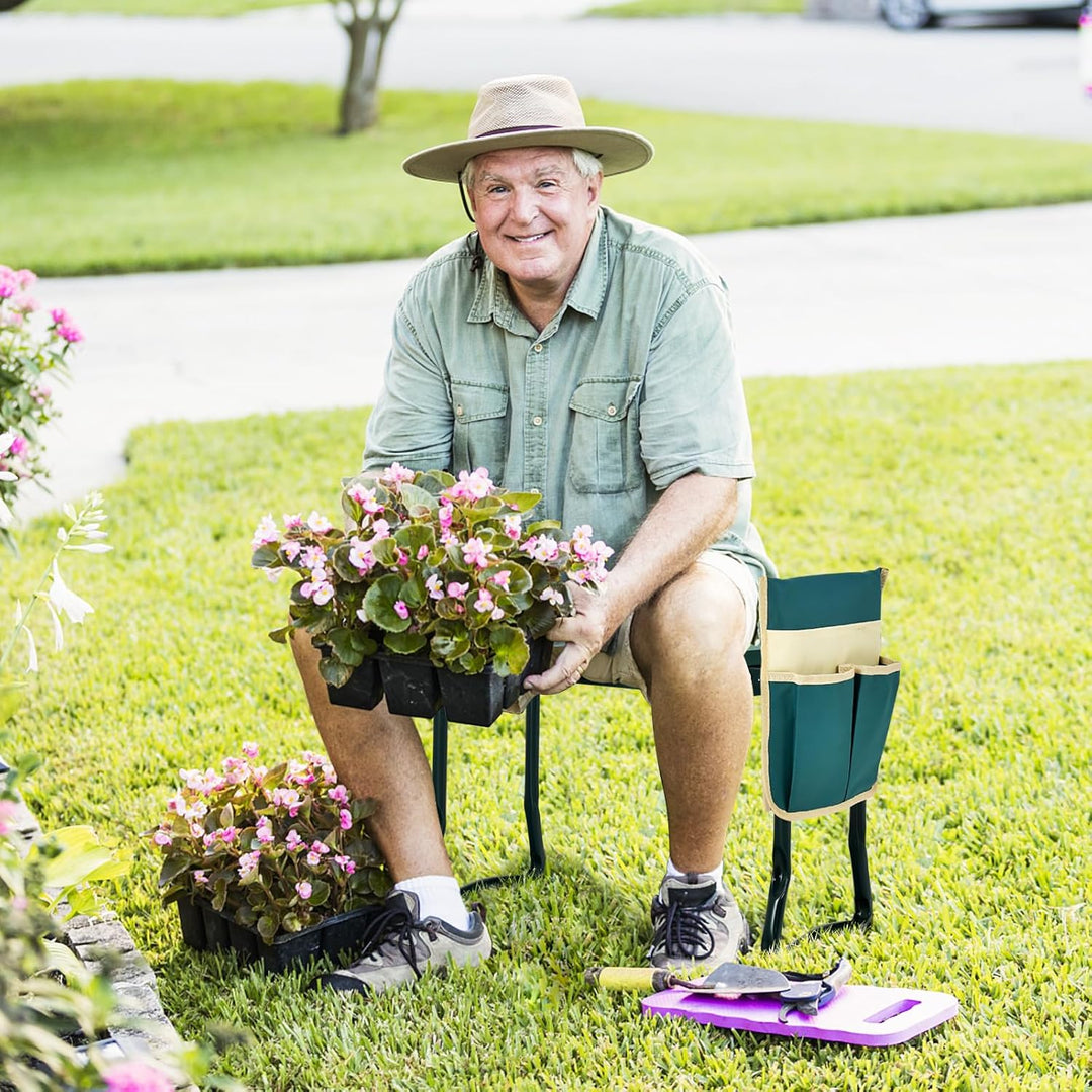 SOARS Kniebank, Gartenhocker klappbar mit Werkzeugtaschen &amp; Kniekissen, Gartenbank bis 150 kg belast