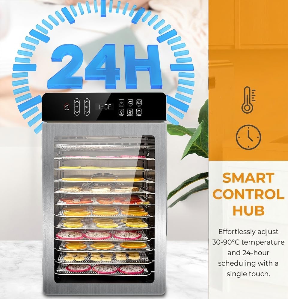 800w Dörrgerät 12 Edelstahl-Einschübe 10.9ft² Dörrfläche digitaler Timer Temperaturregelung 86℉-194℉