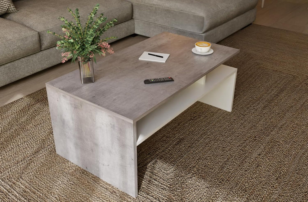 Weiss/Beton glänzender Couchtisch für das Wohnzimmer - modernistischer Look, minimalistischer Stil -