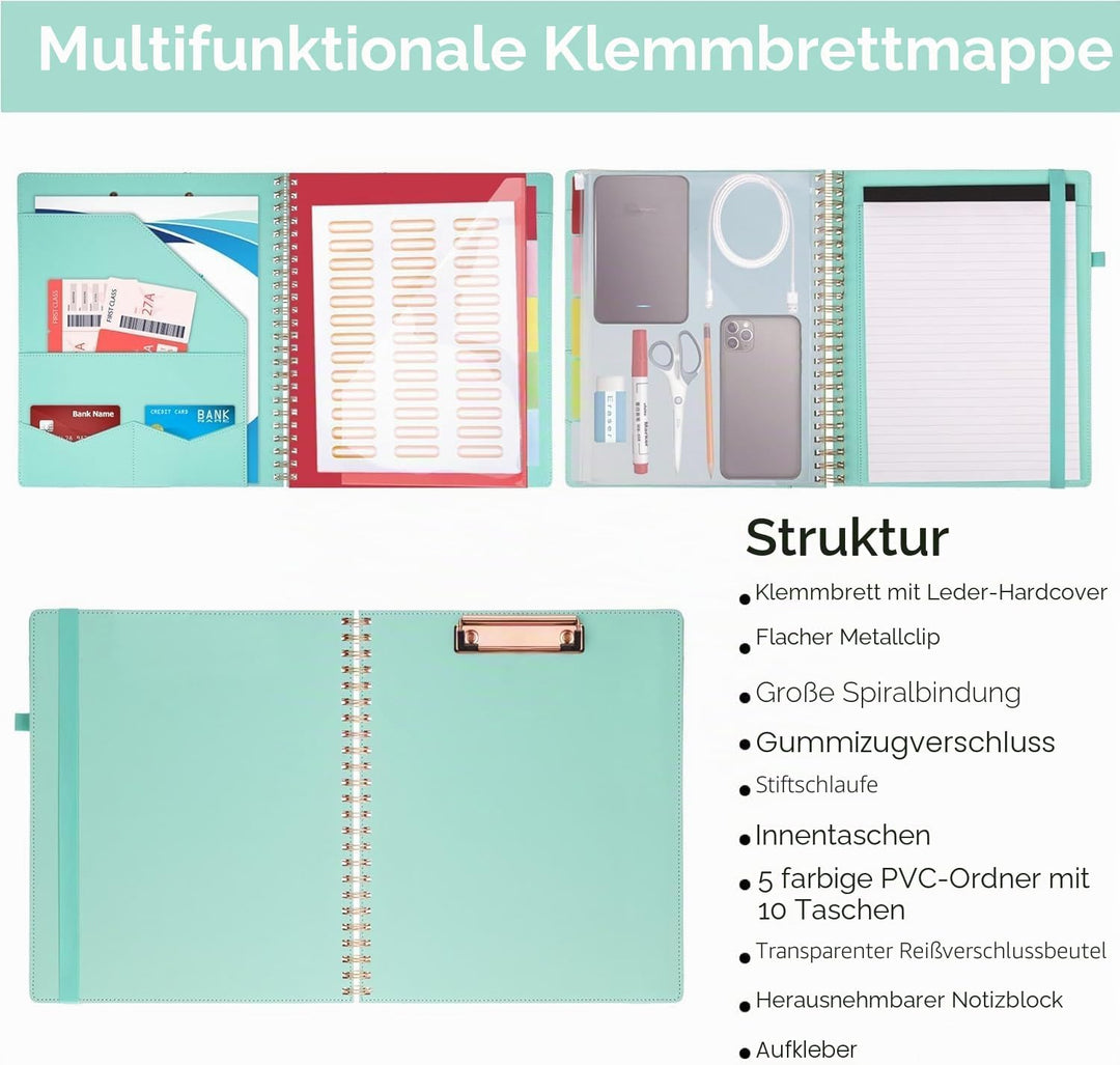 HAUTOCO PU-Leder Klemmbrett Folio mit Zip Beutel, Klemmbrettmappe A4 mit nachfüllbarem Notizblock, K