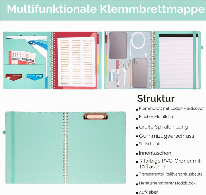 HAUTOCO PU-Leder Klemmbrett Folio mit Zip Beutel, Klemmbrettmappe A4 mit nachfüllbarem Notizblock, K