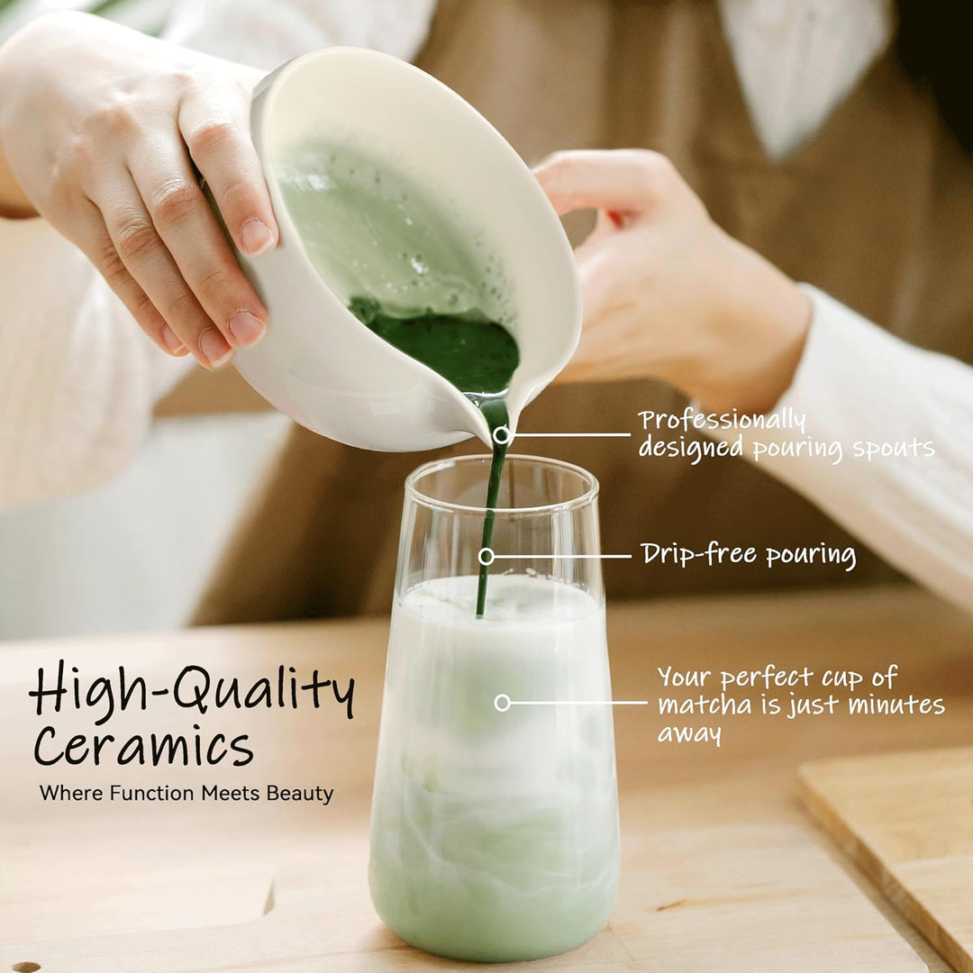 Matcha Set Beige (8-teilig) und Schale mit Ausgiesser, Premium Matcha Tee Set für Matcha Latte Zuber