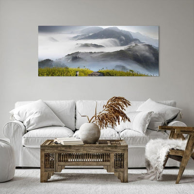 Wandbilder Dekoration Wohnzimmer Berg Nebel Landschaft Morgen Panorama Bilder auf Leinwand 120x50cm