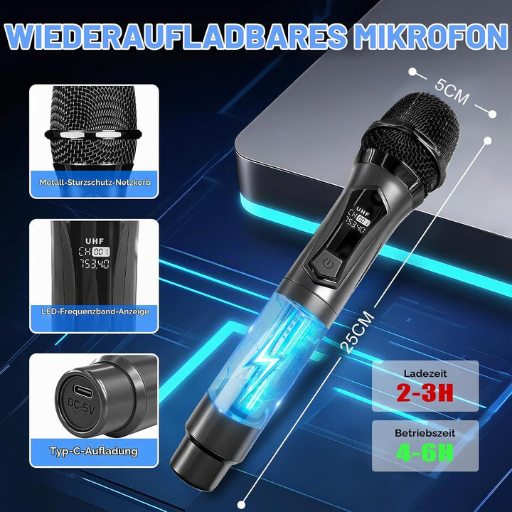 Kabelloses Mikrofon, Drahtloses UHF Mikrofon Set mit wiederaufladbarem, Dual Handmikrofon für Karaok