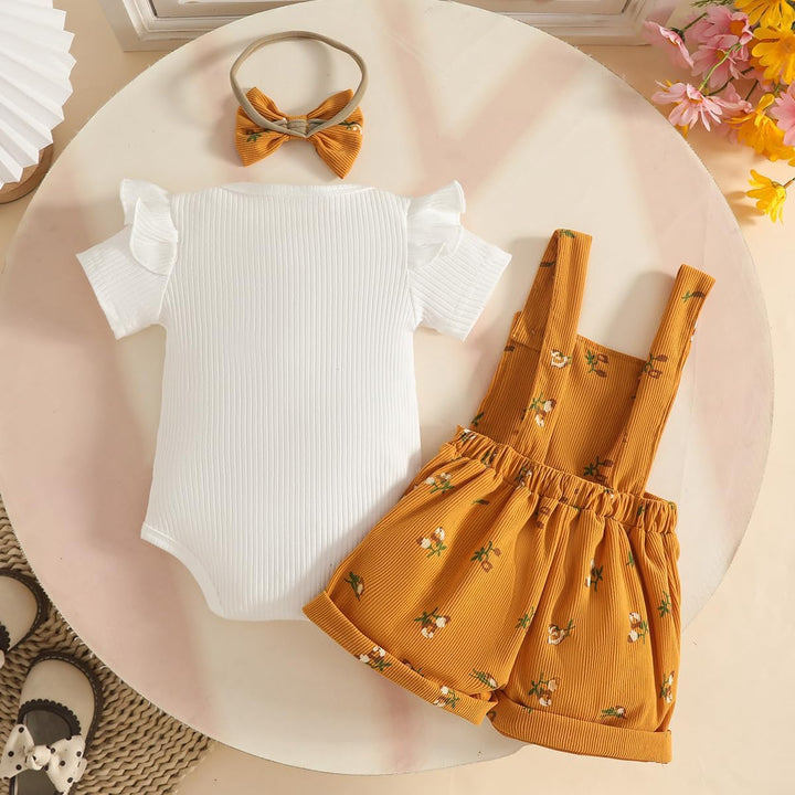 Kleinkind Baby Mädchen Sommerkleidung Rippstrick-Tops Trägerhosen mit Blumenmuster und Stirnband 3-6