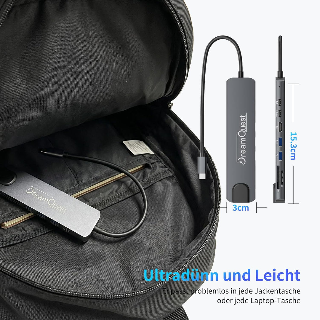 DreamQuest USB-C Hub 8-in-1 mit 100Mbps LAN-Anschluss, 4K HDMI, PD 65W, USB 3.0/2.0, SD/TF Kartenles