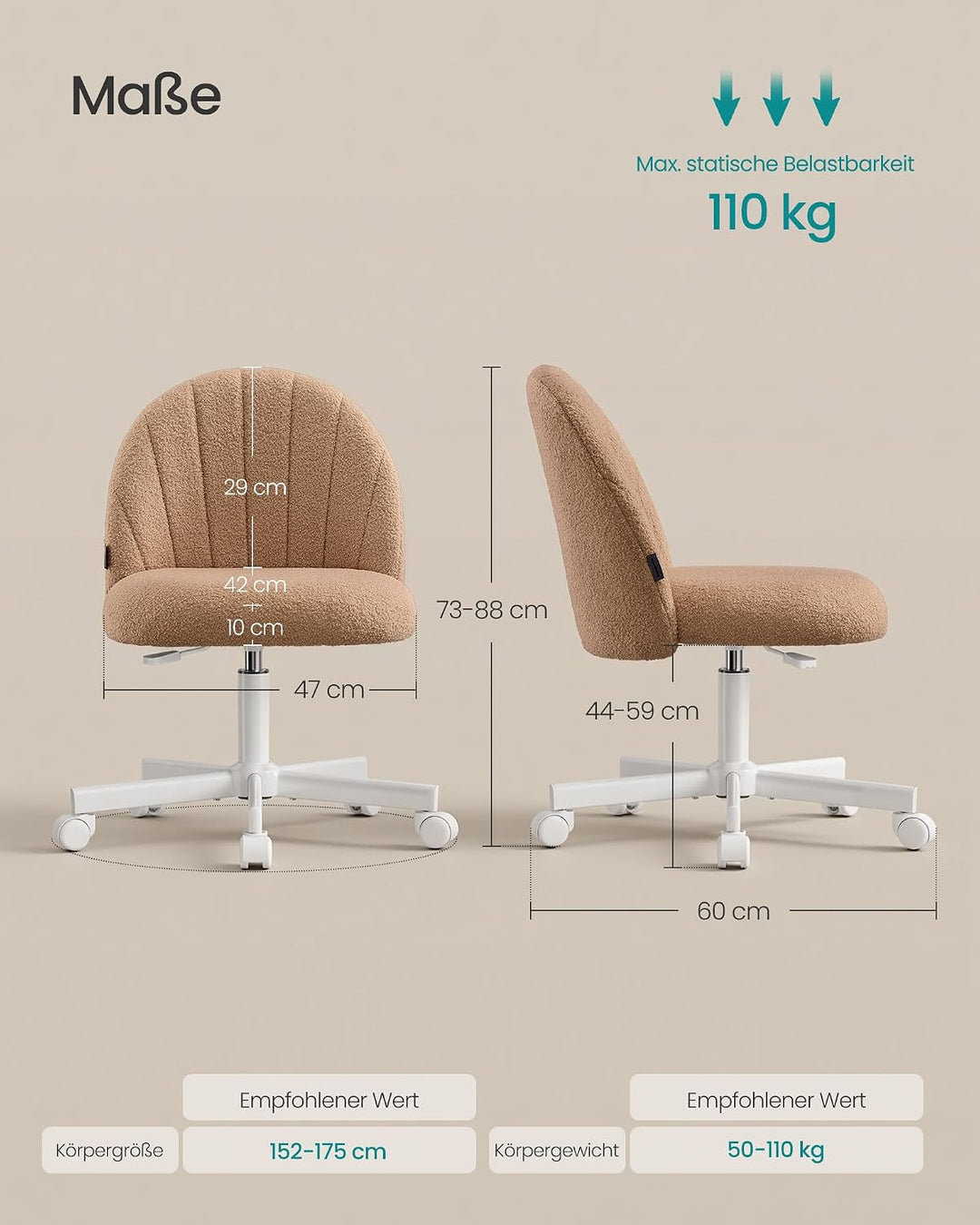 SONGMICS Homeoffice-Stuhl, Schminkstuhl aus Teddyfleece, Schreibtischstuhl, Schaumstoffpolsterung, h