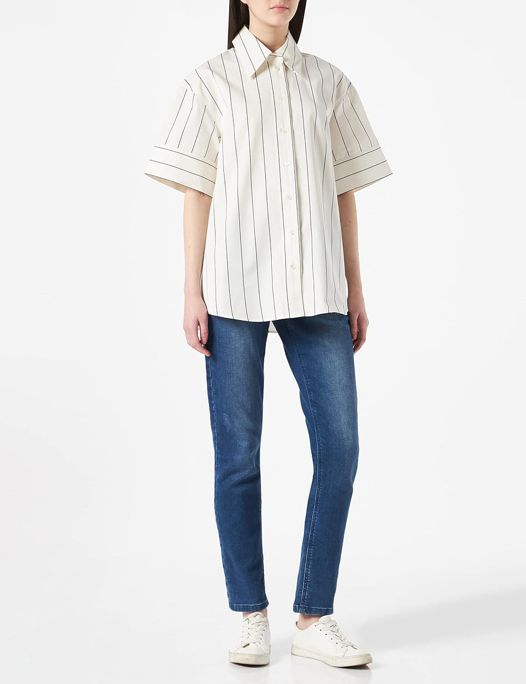 Seidensticker Damen Bluse - Fashion Bluse - Hemdblusenkragen - Kurzarm - 100% Baumwolle 36 Weiss-bla