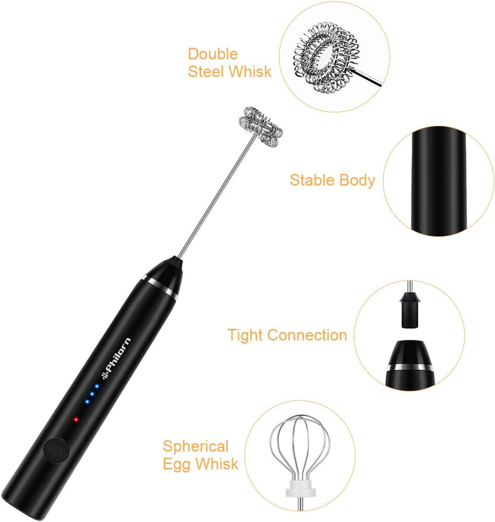 Philorn Milchaufschäumer Stab, Milchaufschäumer Elektrisch Stab Hand Held, 3-Gang USB-C Aufladbar Au