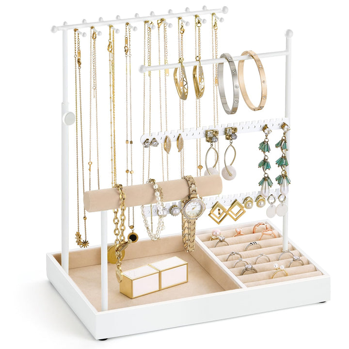 Emibele Schmuckhalter, 5-stufiger Organizer mit Samtringtablett, Weiss, Weiss