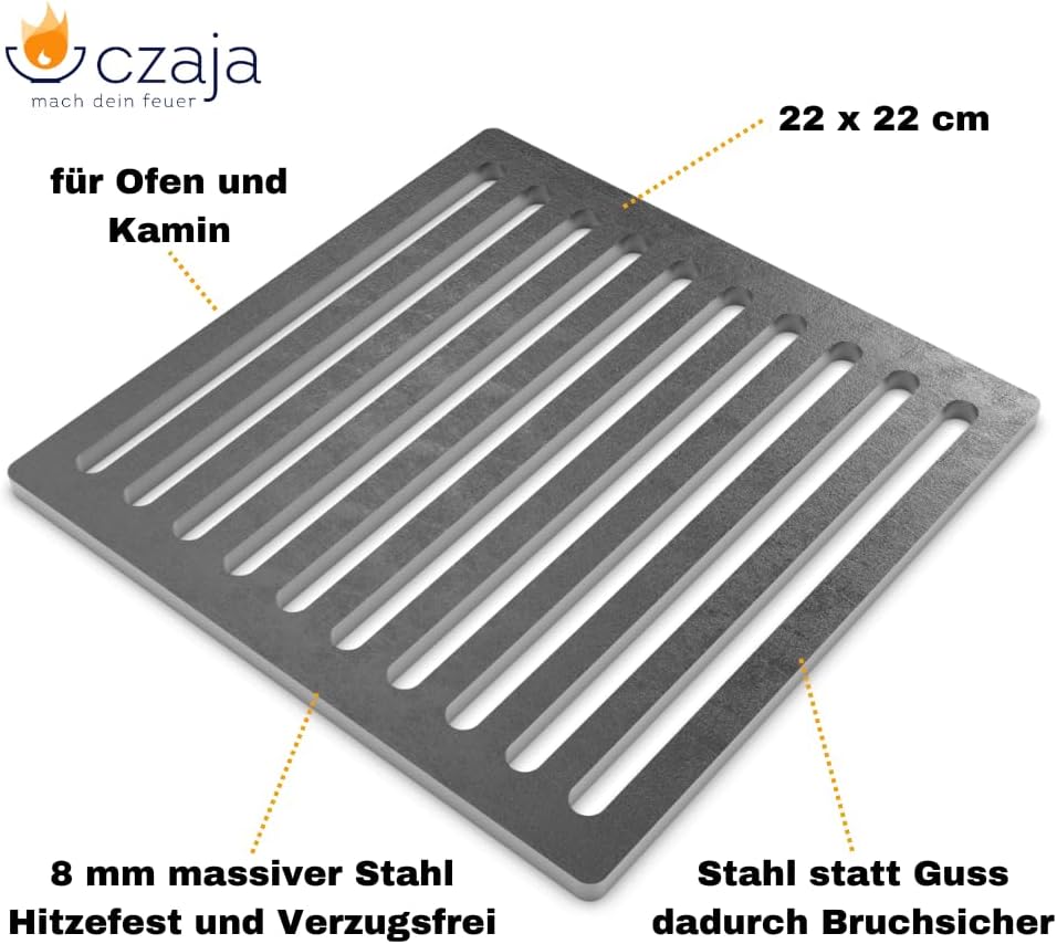 Czaja Ofenrost 22 cm x 22 cm aus massivem Stahl - langlebiger als Gussroste und Bruchsicher - für Öf