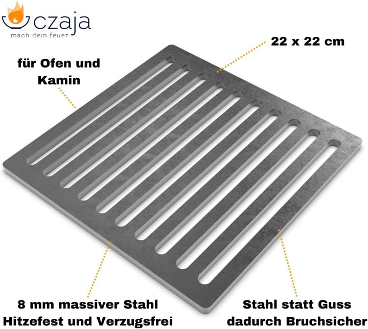 Czaja Ofenrost 22 cm x 22 cm aus massivem Stahl - langlebiger als Gussroste und Bruchsicher - für Öf