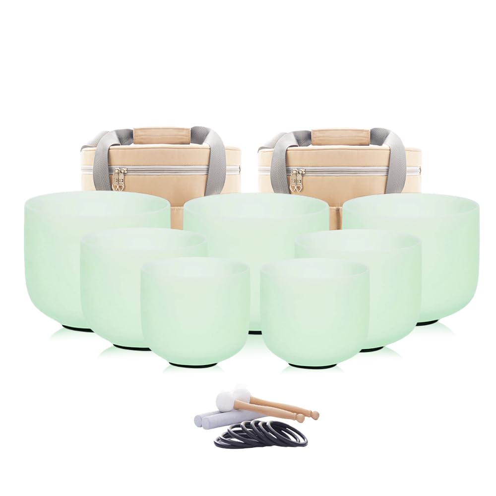 Hye-eun 432hz Kristall Klangschalen Set, 7-12 Zoll Minzgrün Farbe Quarz Crystal Singing Bowl Meditat