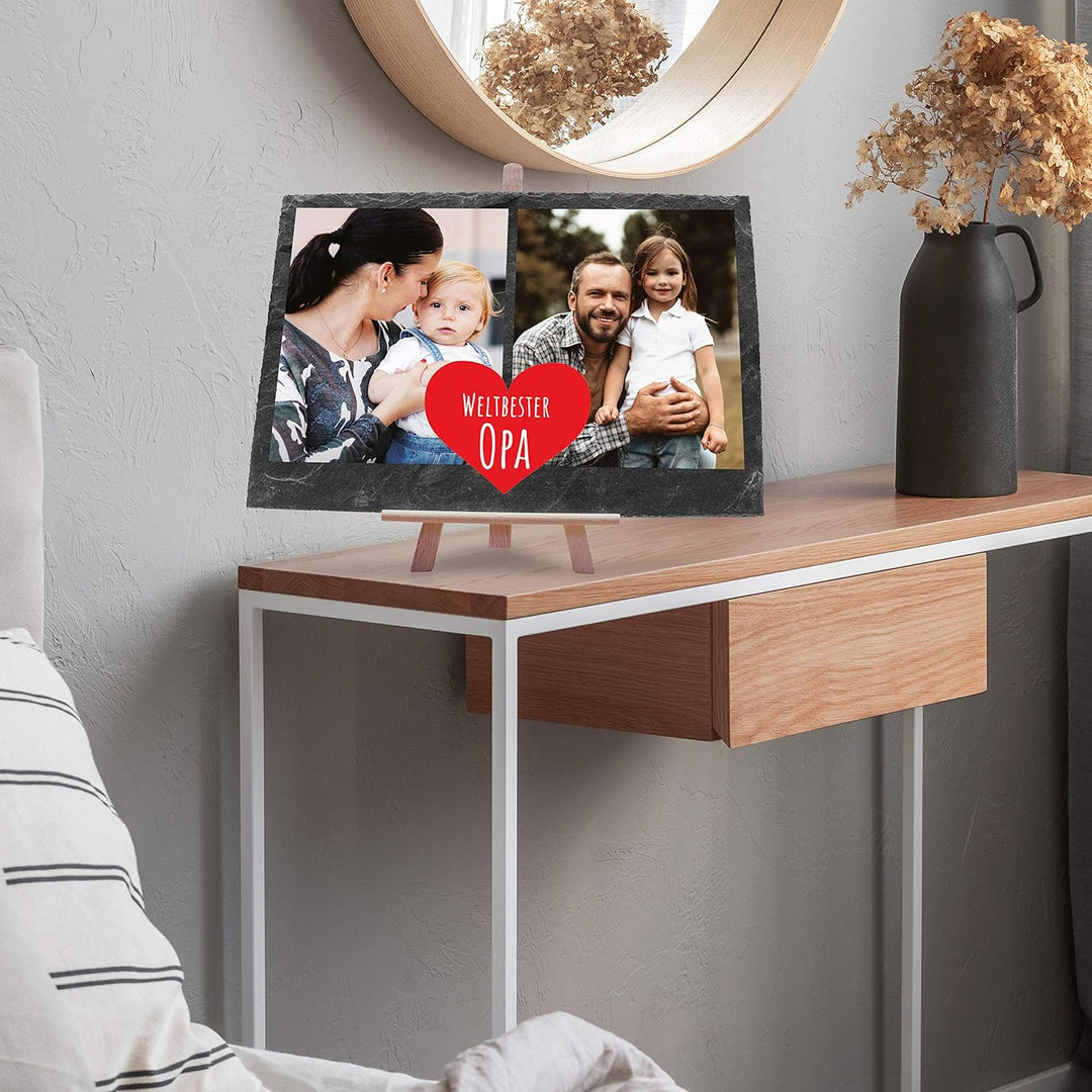 wandmotiv24 Schiefertafel Bester Opa mit Holz-Staffelei, Personalisiert mit 2 Farb-Fotos, Digitaldru