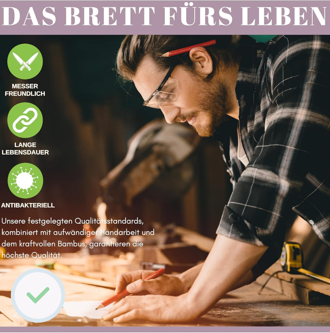 Bambus Schneidebrett aus Holz - 3er Set- Natürlich- ohne Lack | Antibakteriell | 38x25 / 30x20/ 22x1