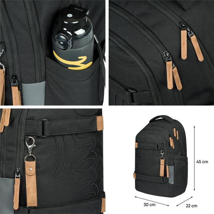 Baagl Schulrucksack Set Jungen Mädchen Teenager 3 Teilig, Skateboard Rucksack Skate MAX, Schultasche