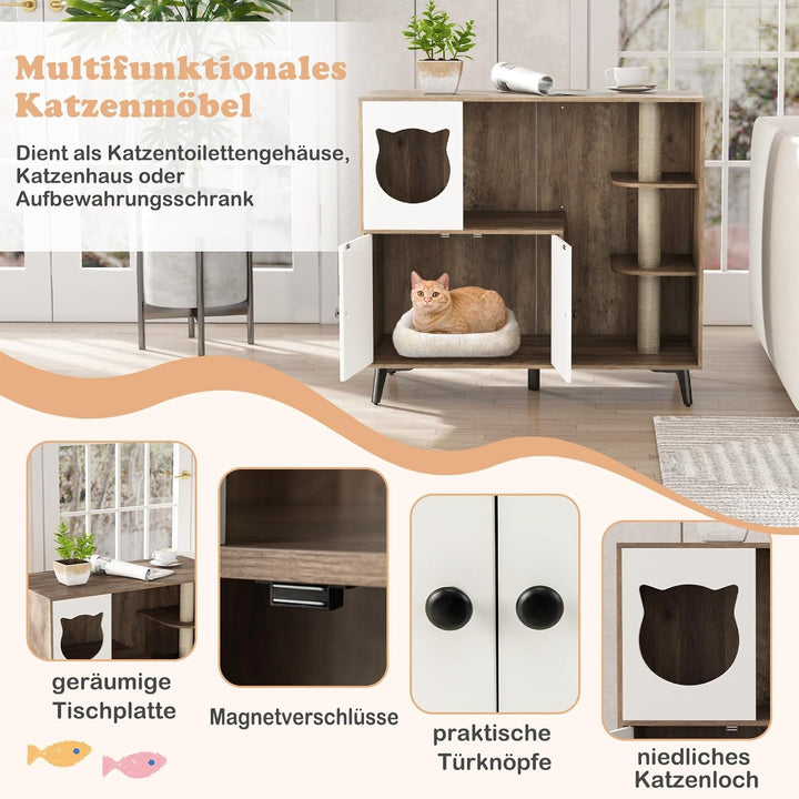 COSTWAY Katzenklo Schrank mit Kratzbaum, Katzenschrank für Katzentoilette mit Katzenhaus, Eingang, 2