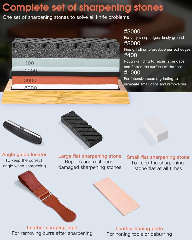FAOKZE Abziehstein Schleifstein Set 9-in-1, Doppelseitig 400/1000 und 3000/8000 Grit Messerschärfer,