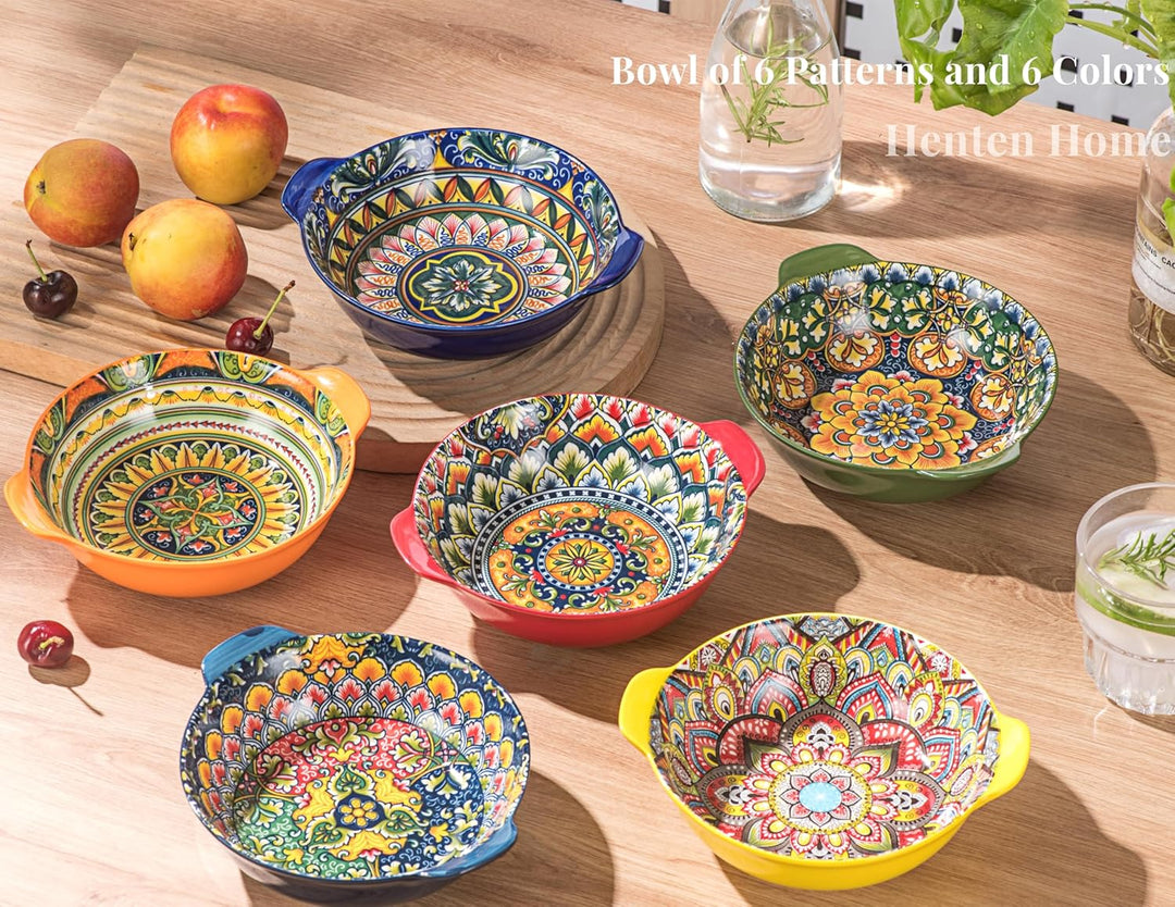 Henten Home Schalensets mit Griffen, Salatteller Servierteller 6er Set, 520ml Keramik Pastateller fü