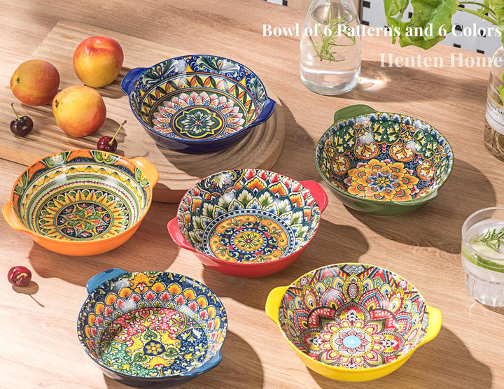 Henten Home Schalensets mit Griffen, Salatteller Servierteller 6er Set, 520ml Keramik Pastateller fü
