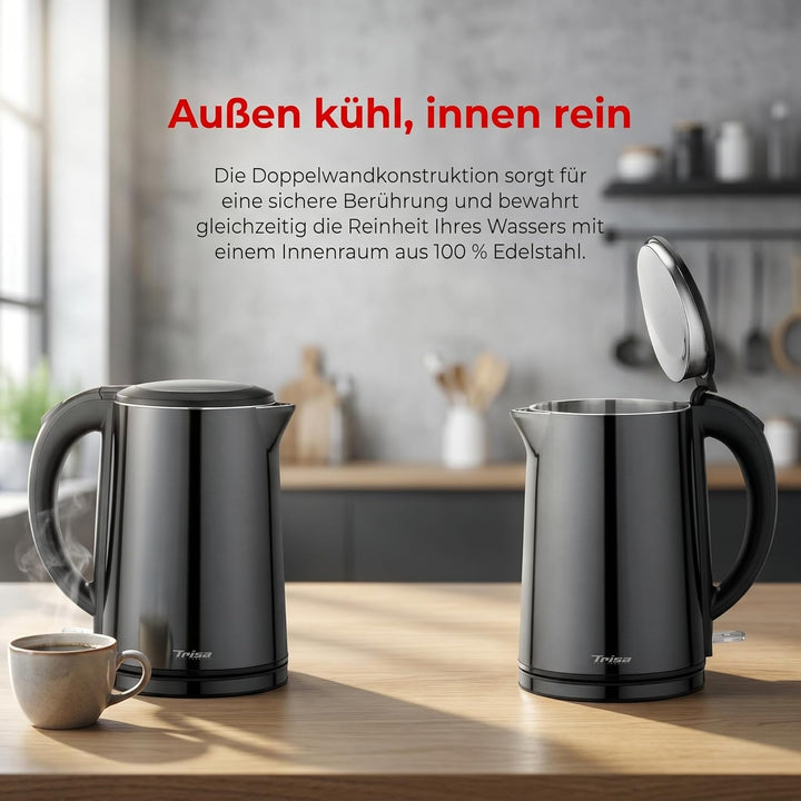 Trisa Comfort Touch Wasserkocher Edelstahl Innen (1,5L, 2200W), Doppelwandiger Teekocher mit Cool-To