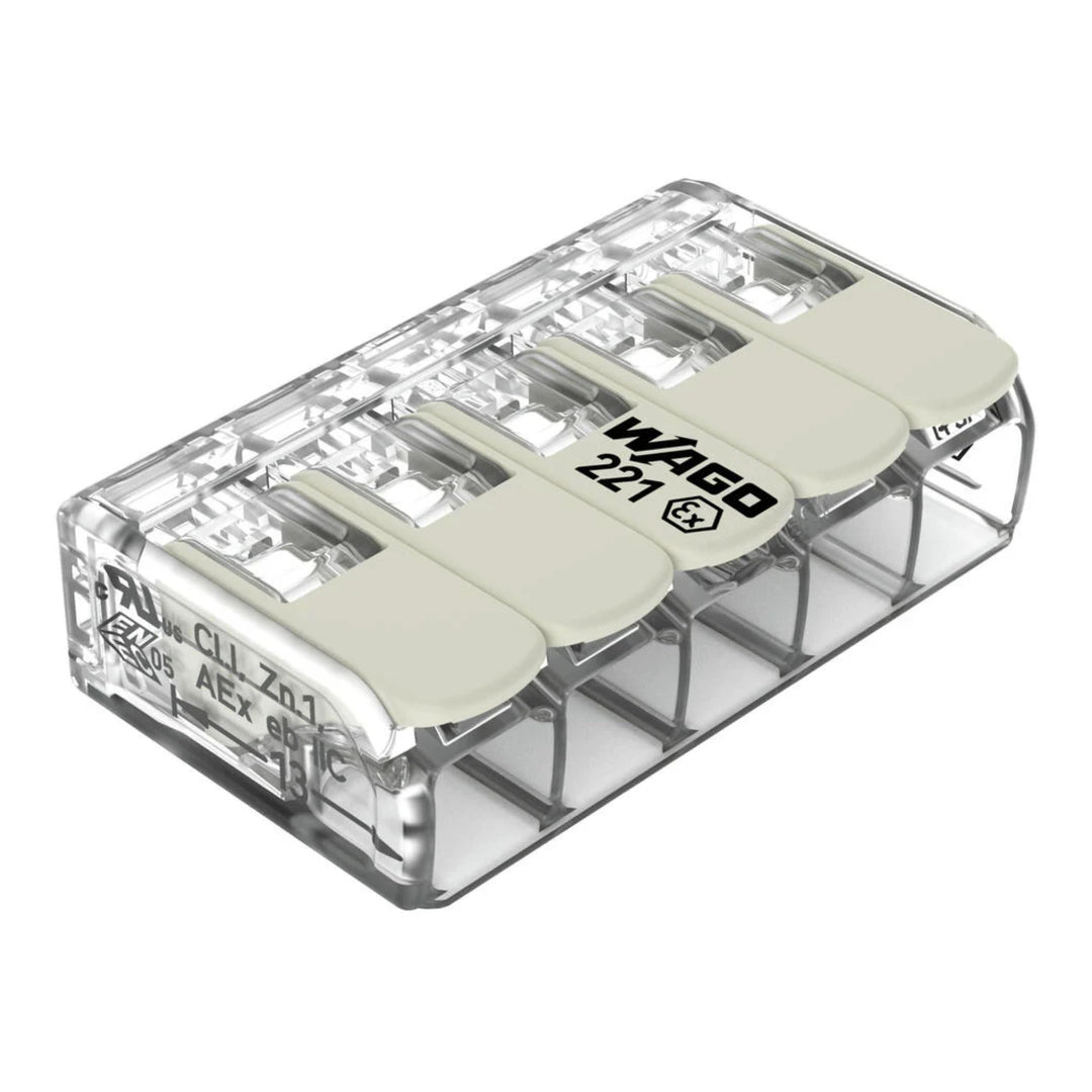 WAGO Verbindungsklemmen 221-685 | 5 Leiter, bis 6 mm², 15 Stück, COMPACT Kabelverbinder mit Hebeln f