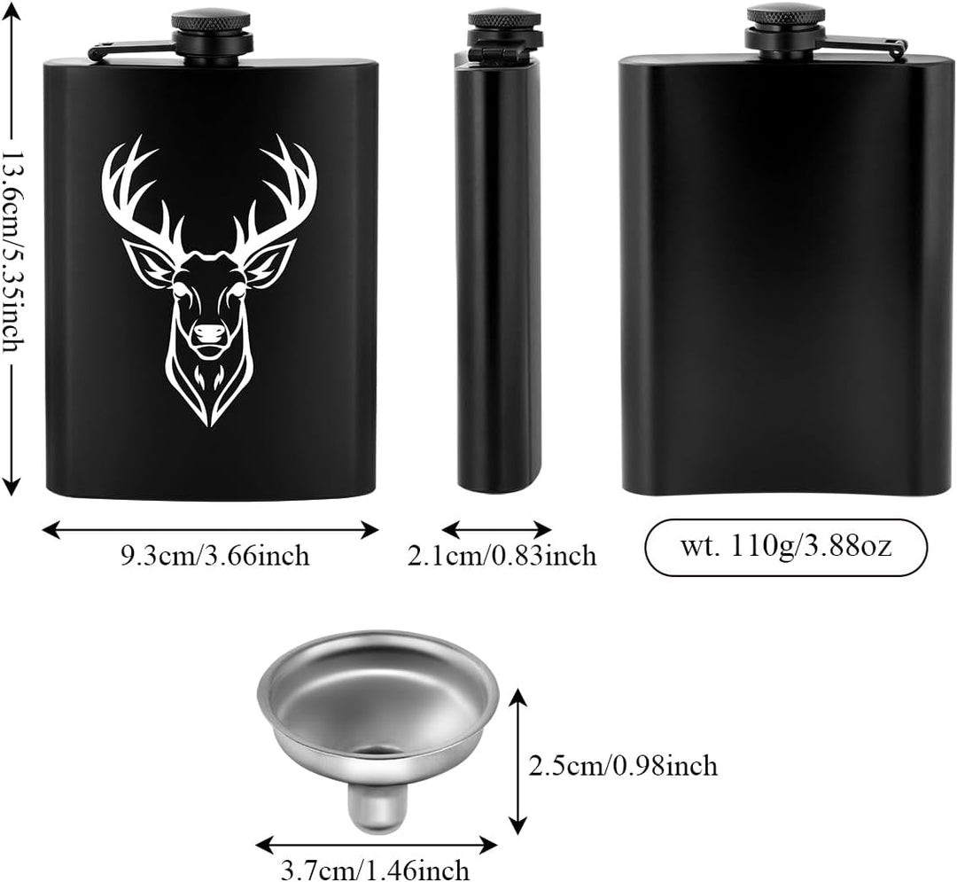 8oz/237ml Edelstahl Flachmann, Taschenflasche, mit Trichter und Grusskarte, Geschenkbox, Weisser Hir
