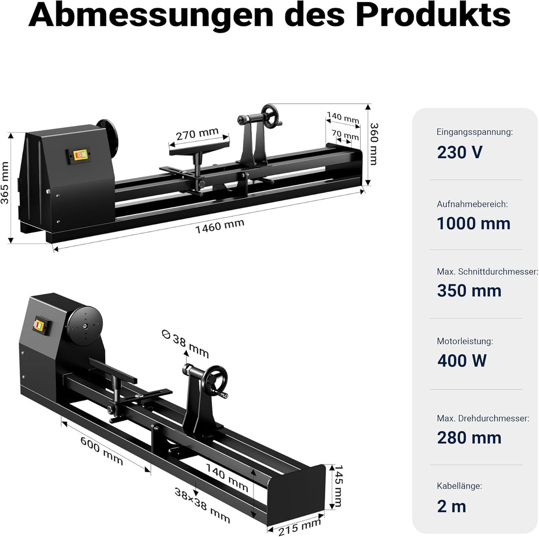 Wiltec Drechselbank 400 W mit verstellbarem Reitbock, Drechselmaschine mit Planscheibe u. Sicherheit