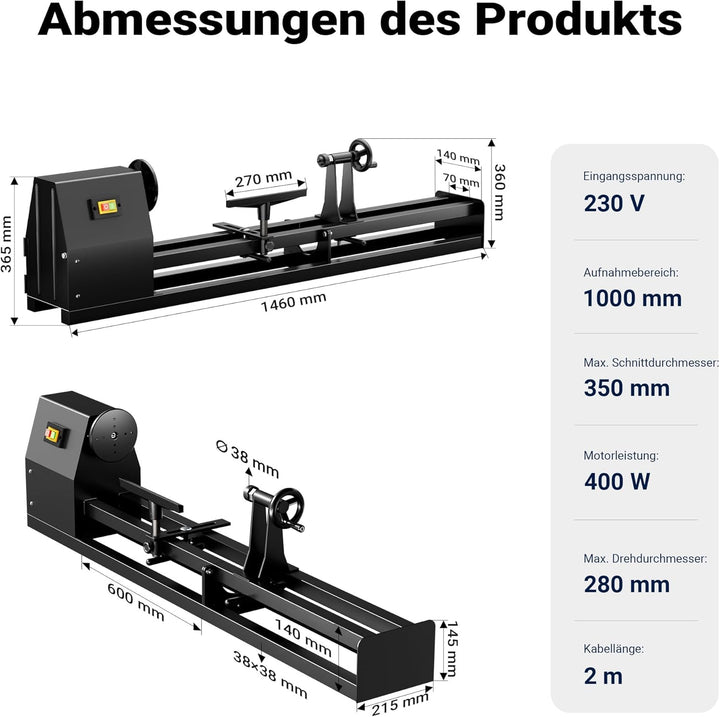 Wiltec Drechselbank 400 W mit verstellbarem Reitbock, Drechselmaschine mit Planscheibe u. Sicherheit