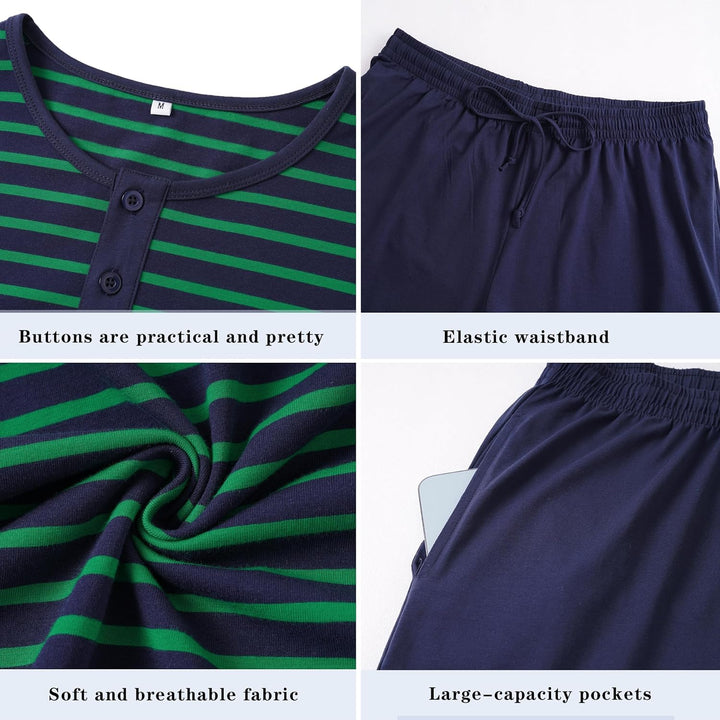 Schlafanzug Herren Kurz aus Baumwolle mit Kontraststreifen Design, Sommer Pyjama Set Oberteile und K